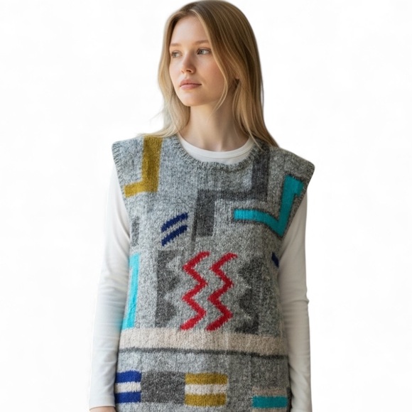 Wool Colorful Geometric Patterned Vest - Medium - Picture 2 of 13